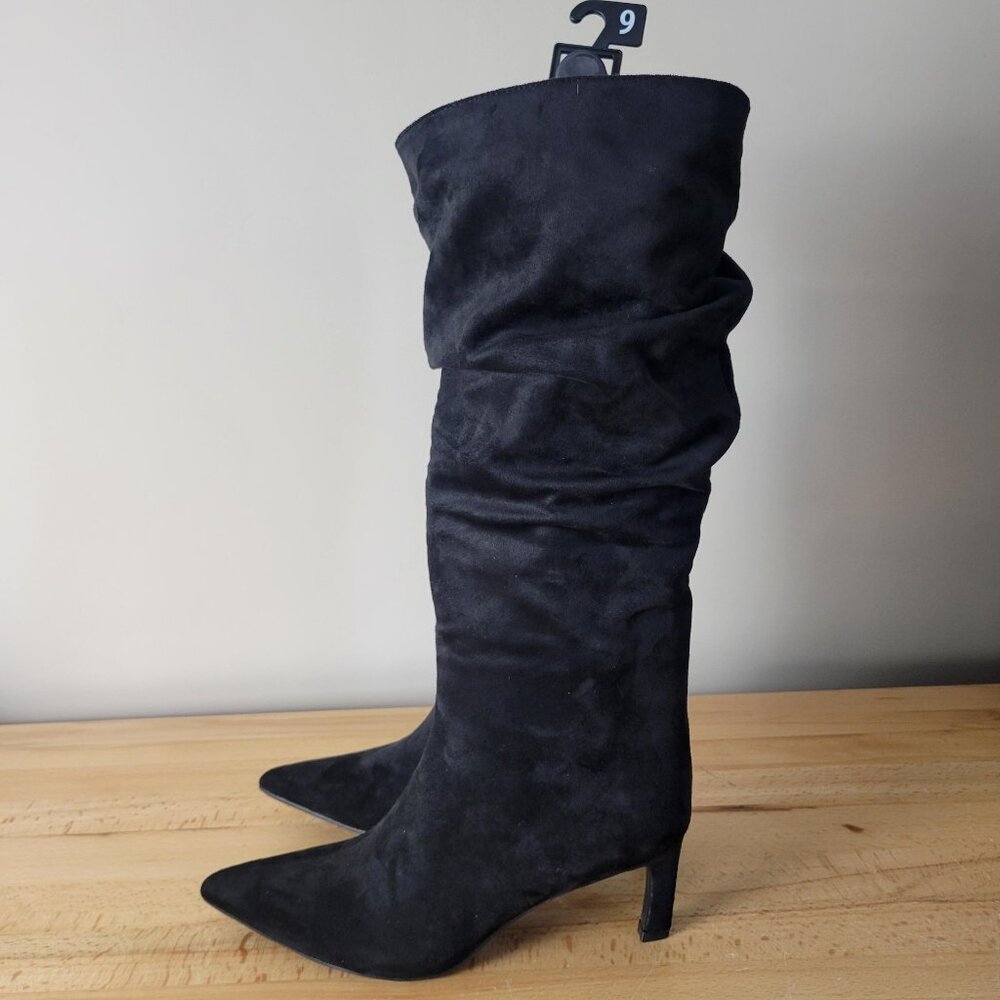 Time and Tru Women's Faux Suede Slouch Boots with Kitten Heels Black 9 NWT